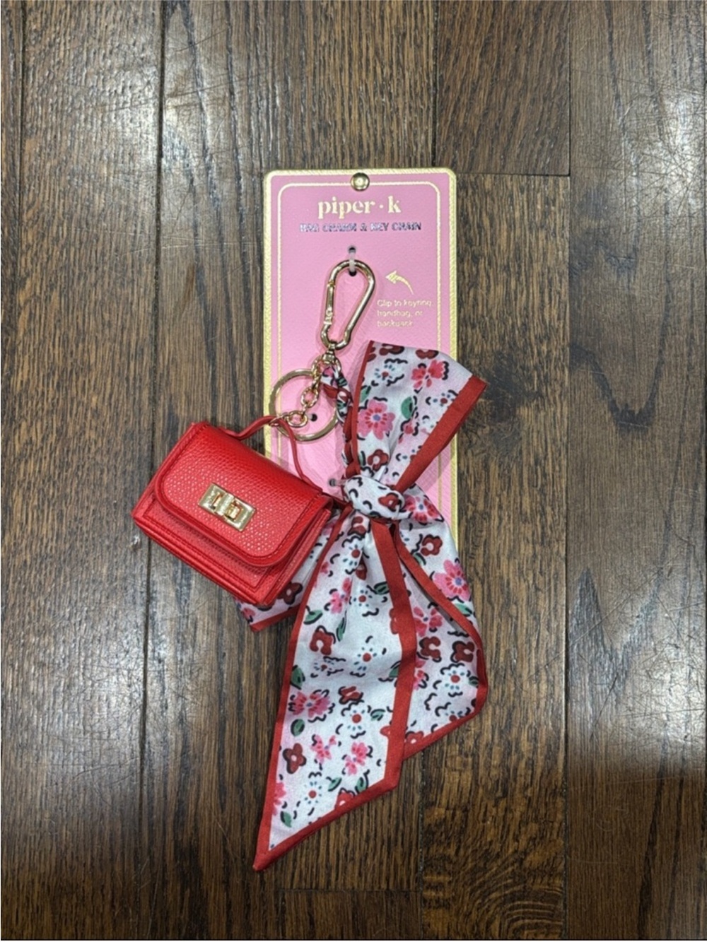 piper•k Red Mini Bag Keychain with Floral Scarf